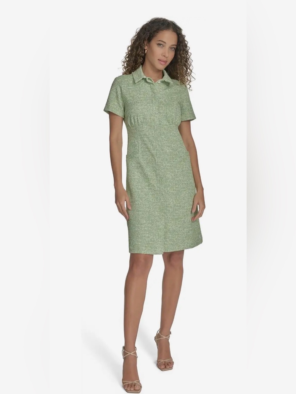 CALVIN KLEIN Tweed Short Sleeve Collared
Dress in Leaf White